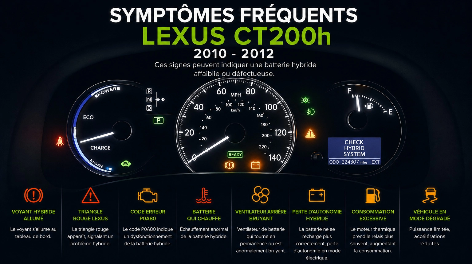 Symptômes batterie hybride Lexus CT200h II